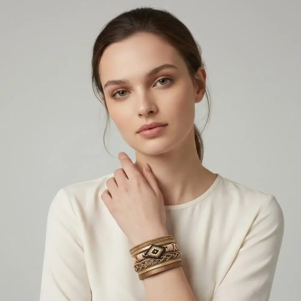 Gallant & Grace Miyuki Evil Eye Leather Wrap Bracelet Bohemian Wide Boho Tan